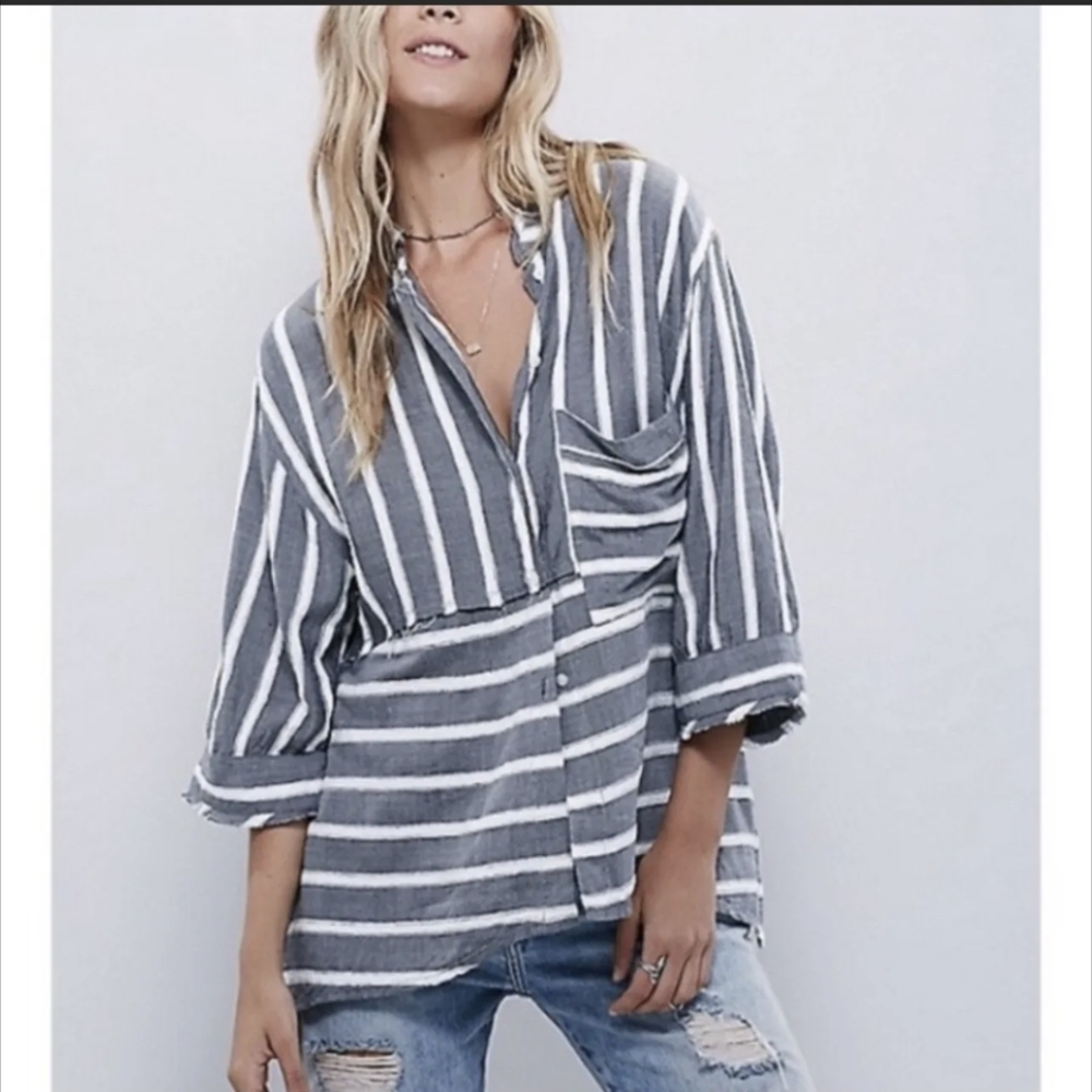 Free People Striped Button Down Shirt Top
